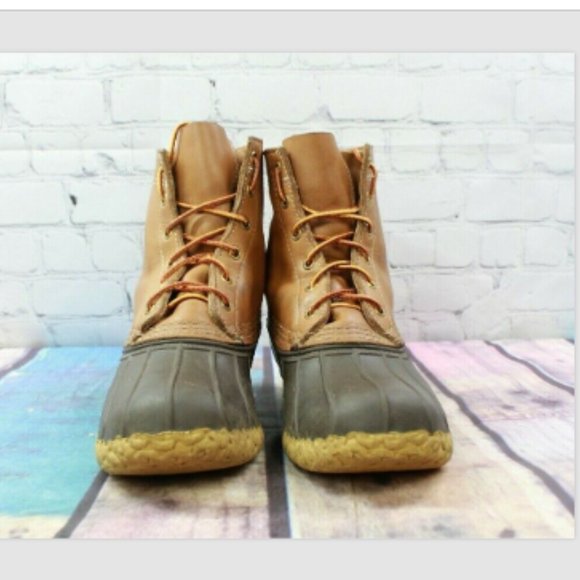 LL Bean Unlined Brown Leather Rubber Lace-up Rain Duck Boots Size M 7 L 9 - Picture 4 of 7